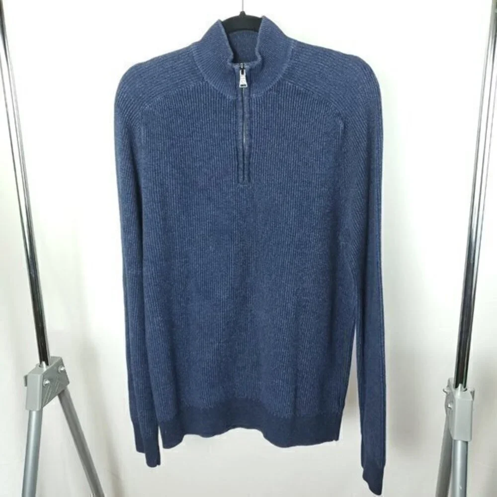 Men's Express 100% Cotton Quarter Zip Rib Raglan Sleeve Sweater Large Blue